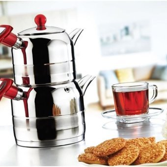 Kahramanlar Yağmur Mini Çelik Kırmızı Kulplu Çaydanlık Gümüş