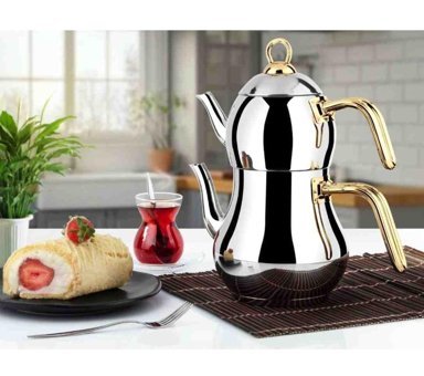 Lines Şahmeran Mini Çelik Gold Kulplu Çaydanlık Gümüş