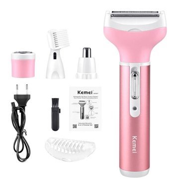 Kemei Yüz Genital Bölge Kaş Bıyık Koltuk Altı Sakal Bacak için 4 Başlıklı Kablosuz Işıklı Epilasyon Aleti Pembe