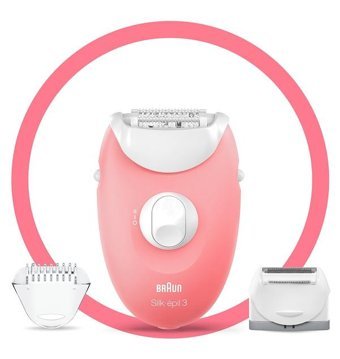 Braun Silk-Epil 3 3277 Smartlight Tüm Vücut Kaş Bıyık Koltuk Altı Bacak için 3 Başlıklı Kablolu Epilatör Pembe