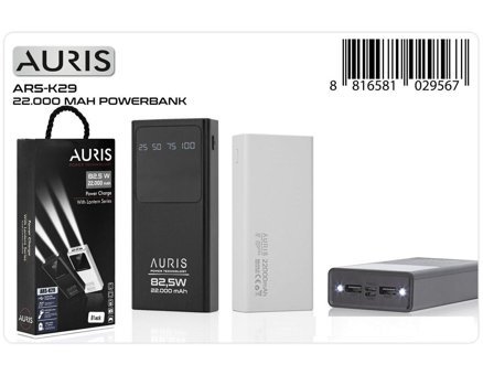 Auris K-29 22000 mAh Hızlı Şarj Işıklı Dijital Göstergeli USB Type A Çoklu Bağlantı Powerbank Siyah
