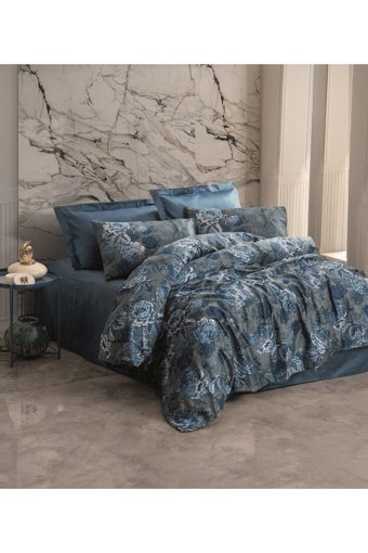Cotton Box Pamuk Saten Dört Mevsim 200 x 220 cm Çift Kişilik Çarşaflı Desenli Nevresim Takımı Mavi