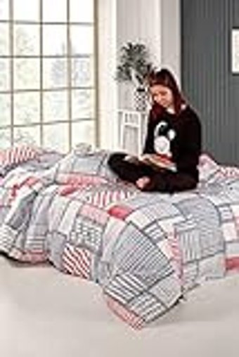Tabu Home 65% Pamuk - 35% Polyester Dört Mevsim 200 x 220 cm Çift Kişilik Çarşaflı Desenli Nevresim Takımı Gri - Kırmızı