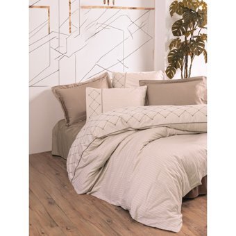 Cotton Box Pamuk Dört Mevsim 200 x 220 cm Çift Kişilik Çarşaflı Çizgili Nevresim Takımı Bej