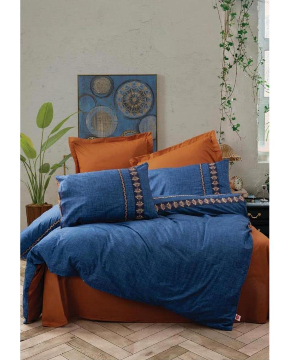Cotton Box Pamuk Dört Mevsim 200 x 220 cm Çift Kişilik Çarşaflı Desenli Nevresim Takımı Lacivert-Turuncu