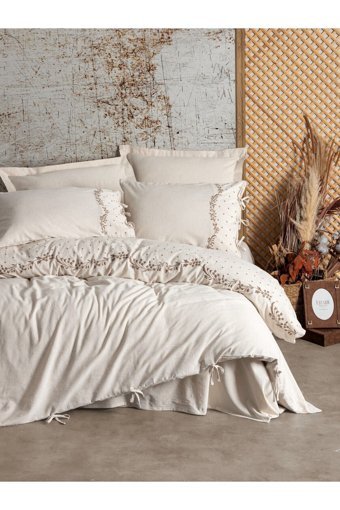 Cotton Box 75% Pamuk - 25% Keten Dört Mevsim 200 x 220 cm Çift Kişilik Çarşaflı İşlemeli Nevresim Takımı Krem