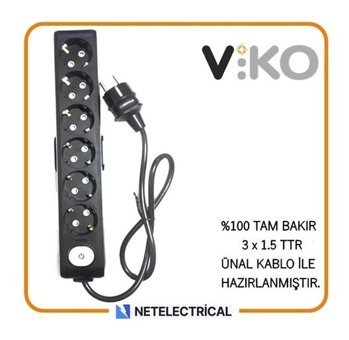 Viko Multi-Let Topraklı Anahtarlı Akım Korumalı 6'lı 4 m Grup Priz Siyah