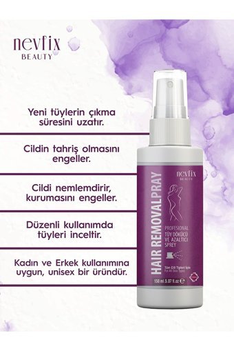 Nevfix Beauty Tüm Ciltler İçin Koltuk Altı Bacak Genital Bölge Unisex Tüy Dökücü Sprey 150 ml