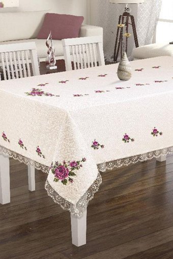 Çeyiz Diyarı Kanaviçe Baskılı Güpürlü Polyester 160x160 cm Dikdörtgen Masa Örtüsü Krem