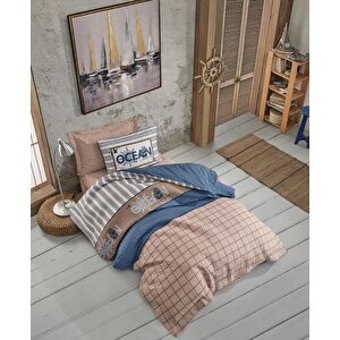 Cotton Box Genç Odası Complete Set Ocean Pamuk 160x220 cm Çarşaflı Denizcilik Tek Kişilik Nevresim Takımı Kahverengi