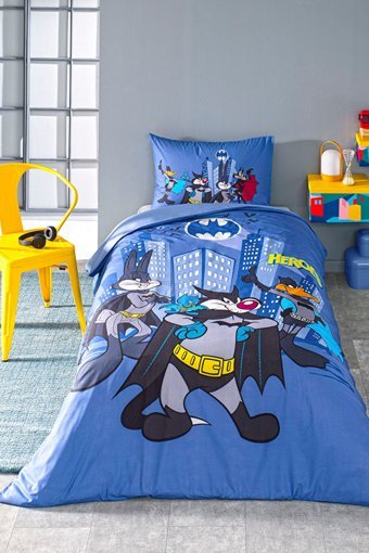 Özdilek Looney Tunes Heroes Batman Pamuk 160x220 cm Çarşaflı Tek Kişilik Nevresim Takımı Mavi