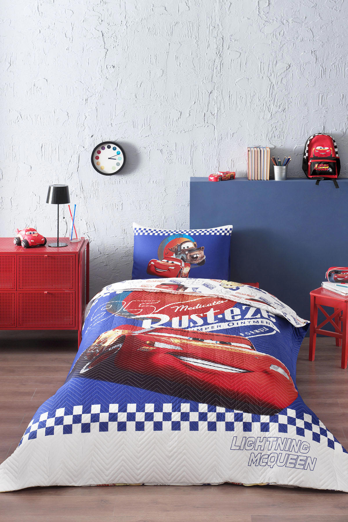 Özdilek Pamuk 180x230 cm Çarşaflı Lastikli Cars Tek Kişilik Nevresim Takımı Mavi