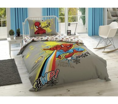 Taç Pamuk 160x220 cm Çarşaflı Lastikli Spiderman Tek Kişilik Nevresim Takımı Gri