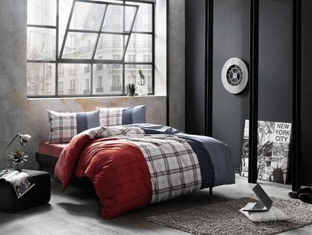 Taç Ranforce Pamuk 160x220 cm Çarşaflı Lastikli Çizgili Tek Kişilik Nevresim Takımı Kırmızı