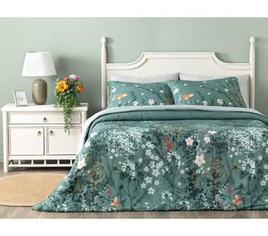 English Home Sweet Spring Dijital Baskılı Pamuk 160x220 cm Çarşaflı Lastikli Çiçekli Tek Kişilik Nevresim Takımı Yeşil