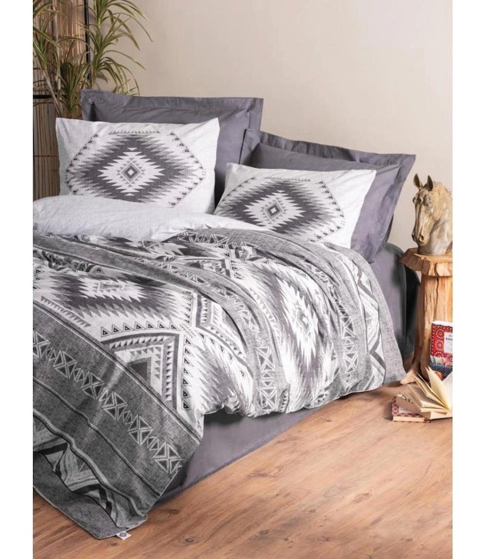 Cotton Etnich Pamuk 160x220 cm Çarşaflı Geometrik Tek Kişilik Nevresim Takımı Antrasit