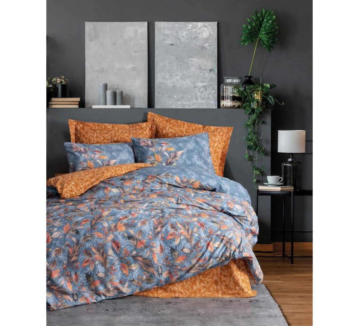 Cotton Box Alekra Pamuk 160x220 cm Çarşaflı Çiçekli Tek Kişilik Nevresim Takımı Hardal