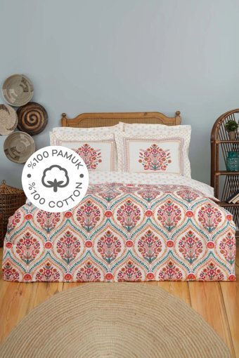 Karaca Home Carmenta Pamuk 160x220 cm Çarşaflı Çiçekli Tek Kişilik Nevresim Takımı Kiremit