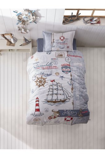 Clasy Ranforce Pamuk 160x220 cm Çarşaflı Denizcilik Tek Kişilik Nevresim Takımı Beyaz