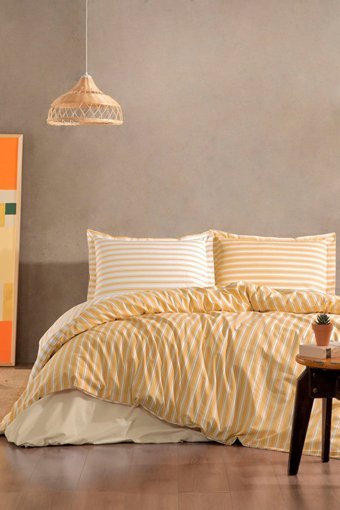 Özdilek Trioline Ranforce Pamuk 160x220 cm Çarşaflı Çizgili Tek Kişilik Nevresim Takımı Hardal