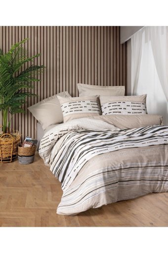 Cotton Box Line Ranforce Pamuk 160x220 cm Çarşaflı Çizgili Tek Kişilik Nevresim Takımı Bej