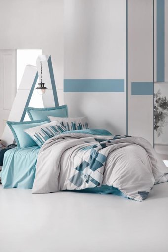 Cotton Box Ranforce Pamuk 160x220 cm Çarşaflı Geometrik Tek Kişilik Nevresim Takımı Petrol