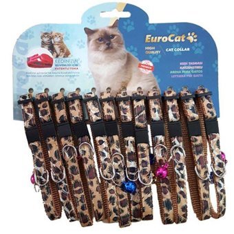 Eurocat Leopar Desenli Çıngıraklı Kahverengi Ayarlanabilir Gezdirme Boyun Kedi Tasması