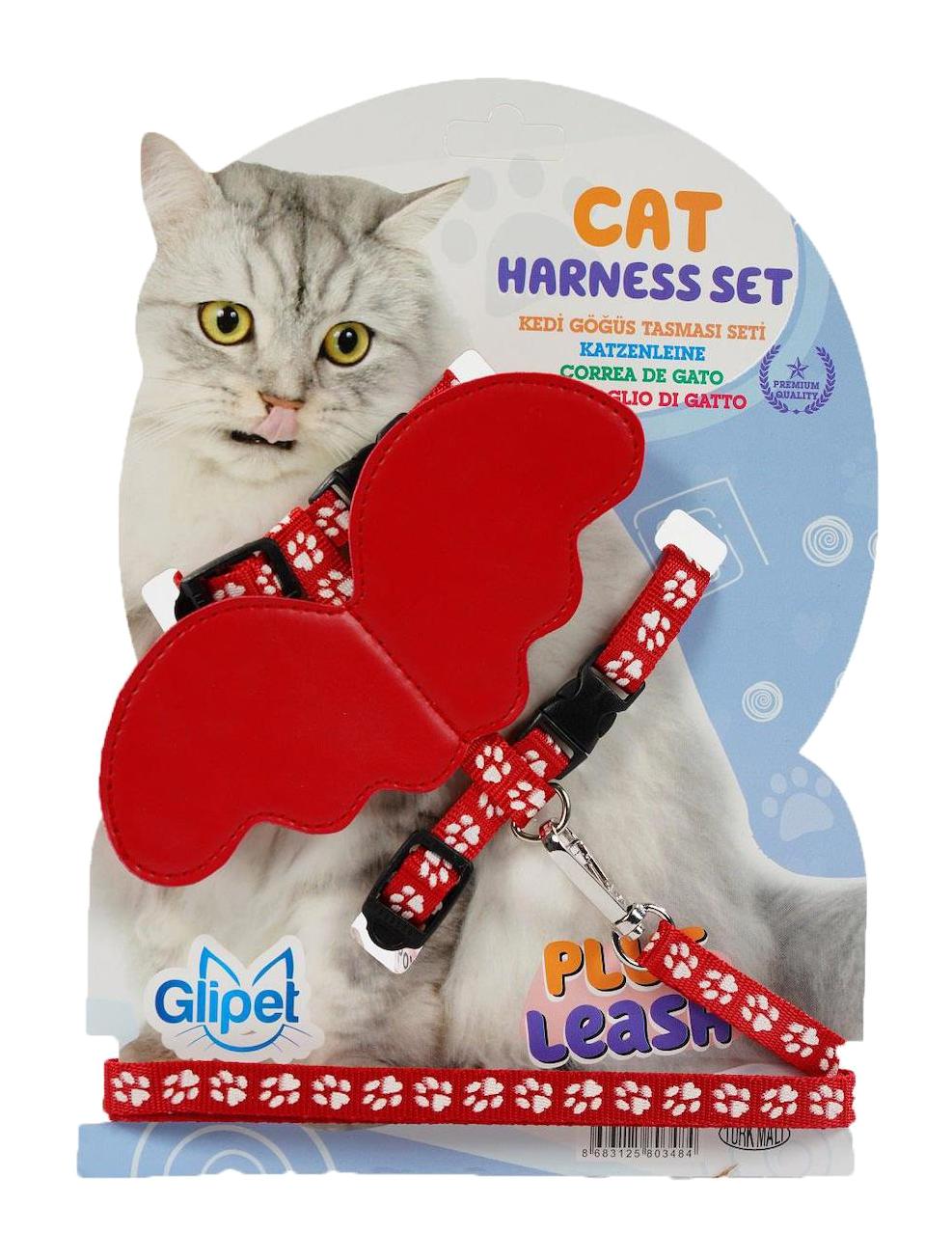 Glipet Melek Kanatlı Kırmızı Ayarlanabilir Gezdirme Boyun Kedi Tasması