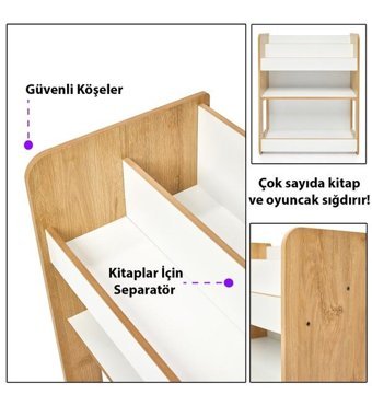 Minera Martı 2 Bölmeli Tek Raflı Mdf 57 x 70 x 34 cm Beyaz - Naturel Kitaplık
