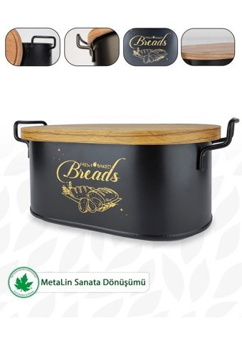 Lin Metal Ahşap Kapaklı Siyah Ekmek Kutusu