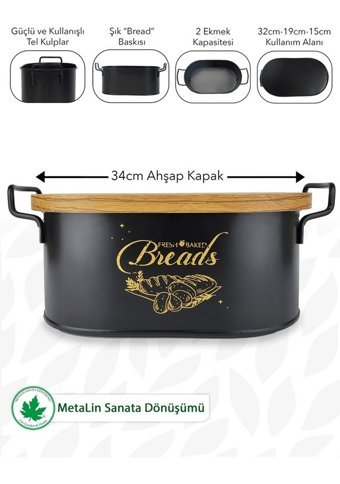 Lin Metal Ahşap Kapaklı Siyah Ekmek Kutusu