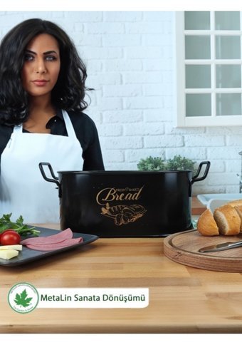 Lin Metal Ahşap Kapaklı Siyah Ekmek Kutusu