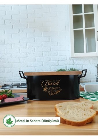 Lin Metal Ahşap Kapaklı Siyah Ekmek Kutusu