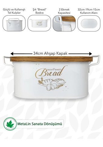 Lin Metal Ahşap Kapaklı Beyaz Ekmek Kutusu