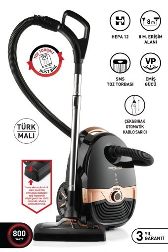 Stilevs Polo 800 W Yatay Turbo Başlıklı Kağıt Toz Torbalı Süpürge Siyah - Bakır