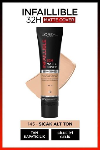 L'oréal Paris Infaillible 32h Matte Cover 145 Serum Tüp Fondöten 30 ml