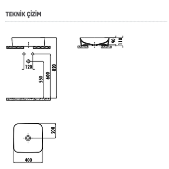 Creavit UL040-00AM Dekoratif Tekli 40 cm Seramik Tezgah Üstü Kare Lavabo Mat Antrasit