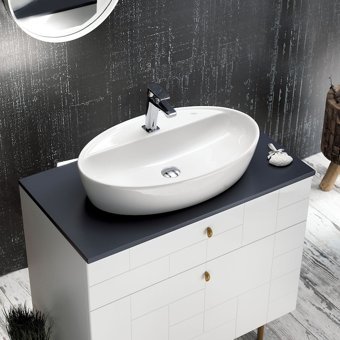 Turkuaz Cerastyle One Klasik Tekli 67 cm Seramik Tezgah Üstü Oval Lavabo Beyaz