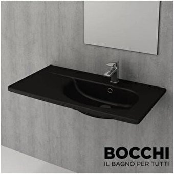 Bocchi Tao Arch Etajerli 1020-004-0126 Klasik Tekli 86 cm Seramik Tezgah Üstü Dikdörtgen Lavabo Mat Siyah