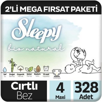 Sleepy Bio Natural 4 Numara Organik Cırtlı Bebek Bezi 328 Adet