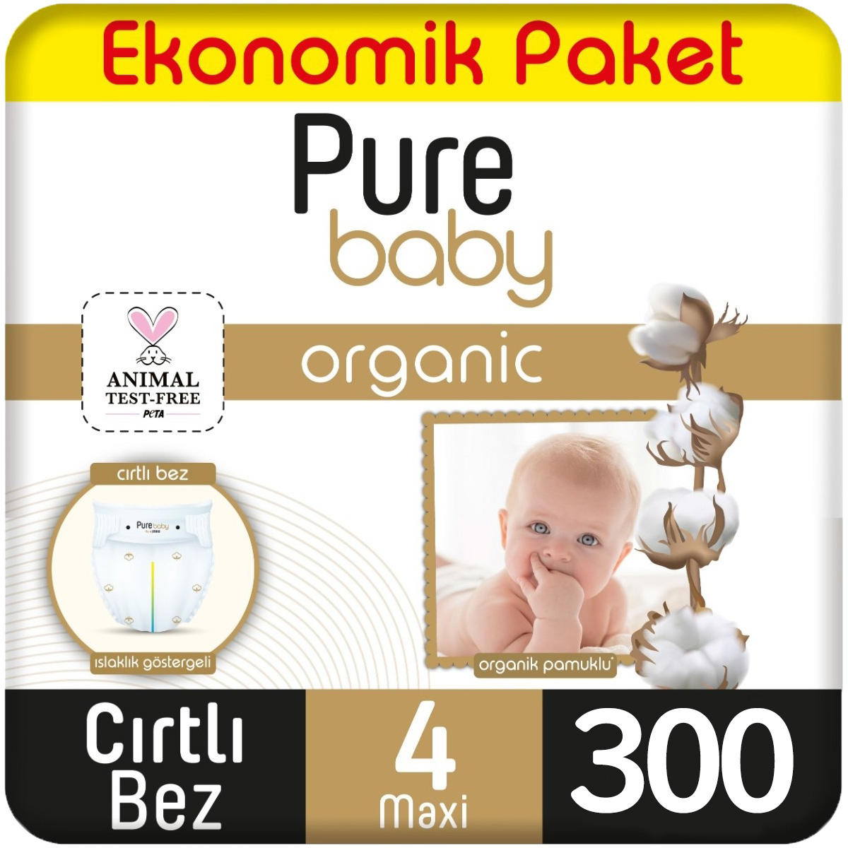 Pure Baby 4 Numara Organik Cırtlı Bebek Bezi 300 Adet