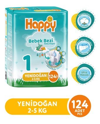 Happy Yenidoğan 1 Numara Bantlı Bebek Bezi 2x62 Adet