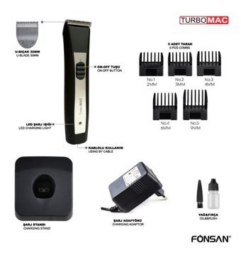 Fönsan TURBOMAC TMC-101 Saç Sakal 5 Başlıklı Çok Amaçlı Sinekkaydı Kuru Tıraş Makinesi