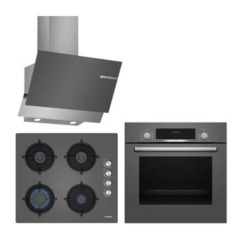 Bosch Hbf514Bb1T - Pop6C6O10O - Dwk65Ad60R Dijital Doğalgazlı Cam Klasik Ankastre Fırın Ocak 3'lü Ankastre Set Gri