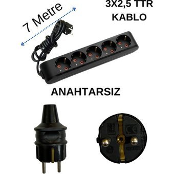 Avarson 3x2.5 TTR 3500 W Topraklı 5'li 7 m Uzatma Kablosu Siyah