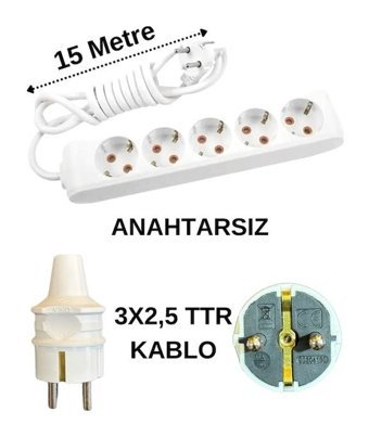 Avarson 3x2.5 TTR 3500 W Topraklı 5'li 15 m Uzatma Kablosu Beyaz