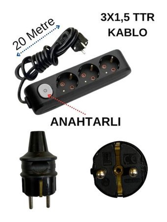 Avarson 3x1.5 TTR 3500 W Topraklı Anahtarlı 3'lü 20 m Uzatma Kablosu Siyah