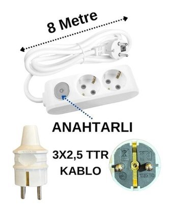 Avarson 3x2.5 TTR 3500 W Topraklı Anahtarlı 2'li 8 m Uzatma Kablosu Beyaz