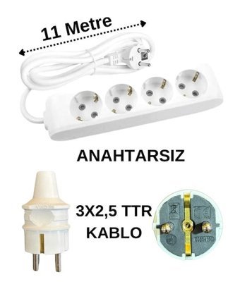 Avarson 3x2.5 TTR 3500 W Topraklı 4'lü 11 m Uzatma Kablosu Beyaz