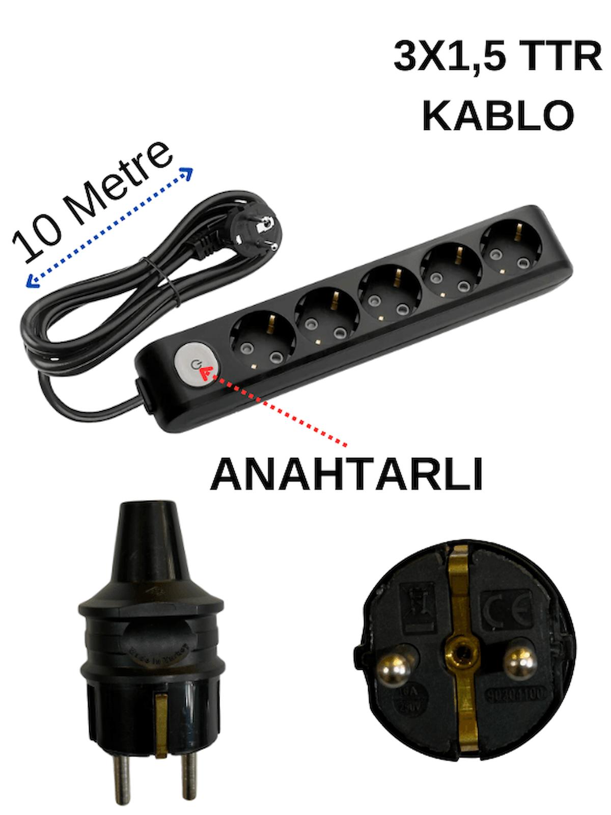 Avarson 3x1.5 TTR 3500 W Topraklı Anahtarlı 5'li 10 m Uzatma Kablosu Siyah